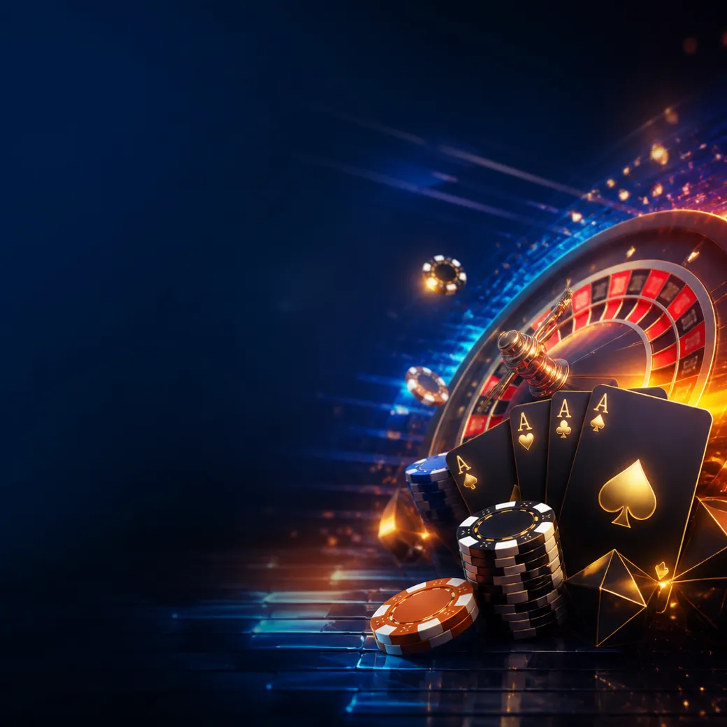 High-quality modern 3D illustration for Mostbet casino with casino chips, playing cards, and slot-inspired glow on the right 