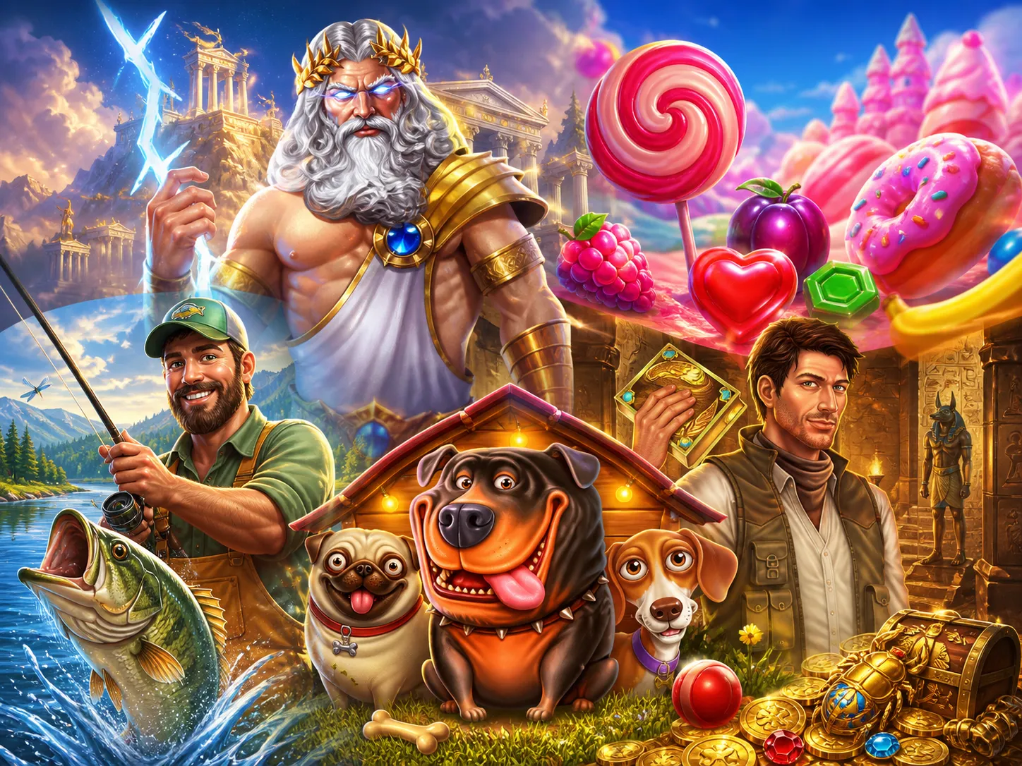 Digital illustration of mythical and fantasy slot game characters with vibrant environments.