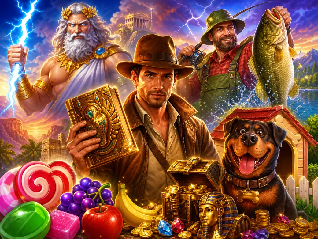 Illustration of slot game featuring fantasy characters and environments.
