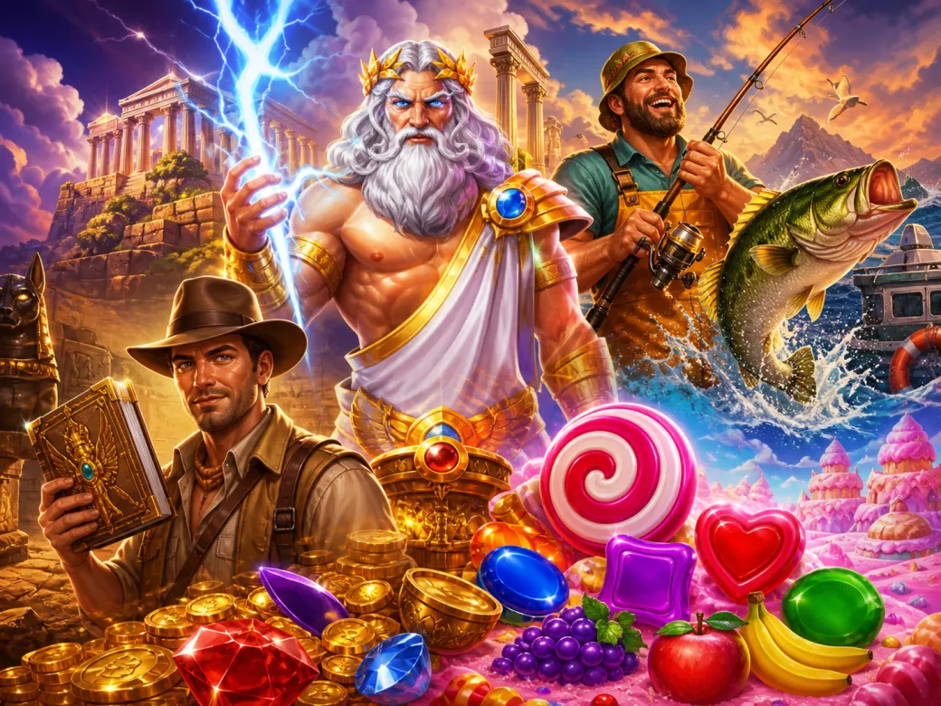 Artwork depicting characters and environments from various slot games, showcasing vibrant fantasy and adventure themes.